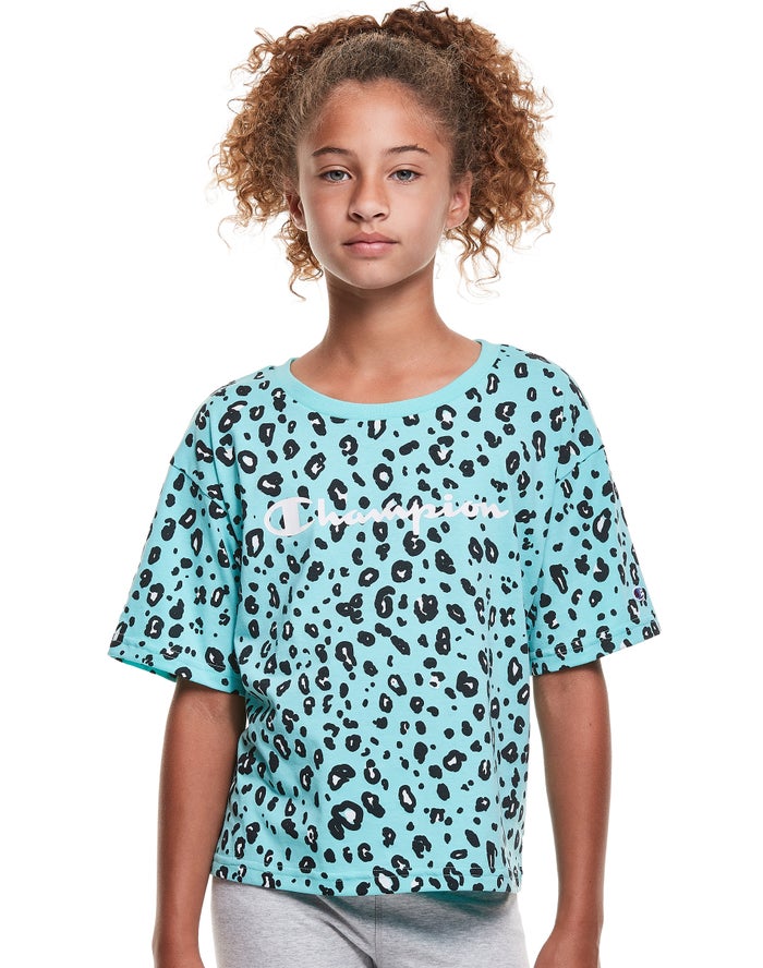 Tricou Champion Boxy Leopard Print Fete Turcoaz/Negrii - Romania QWTAGDM-45